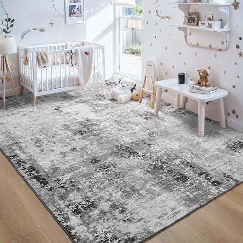 Living Room Rug 8x10 Gray Area Rugs Machine Washable Abstract Boho Large Rug Non-Slip Non-Shedding Faux Wool Indoor Vintage Carpet for Bedroom, Classroom, Dining Room, Kids Playroom - Image 3