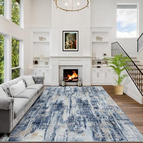 5x7 Area Rugs for Living Room: Washable Abstract Blue Gold Bedroom Carpet by GENTDRIZZ