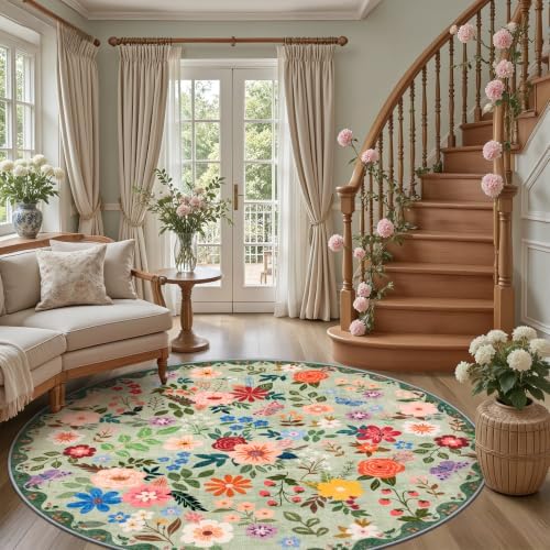 PLHXFR Round Area Rug Living Room: 8 ft Floral Washable Soft Carpet Green - Image 5