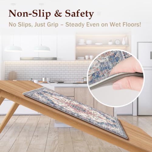 Boho Kitchen Mats for Floor 2PC Anti Fatigue Kitchen Rugs, Retro Blue - Image 4