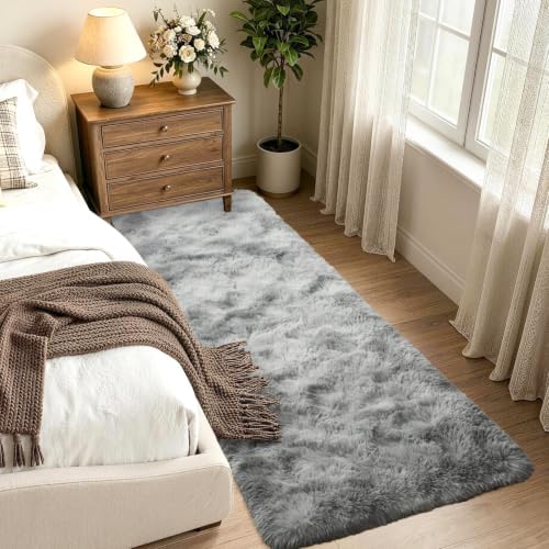 2x10 Tie-dye Grey Fluffy Soft Runner Rug Non-Slip for Bedroom Dorm Hallway - Image 2