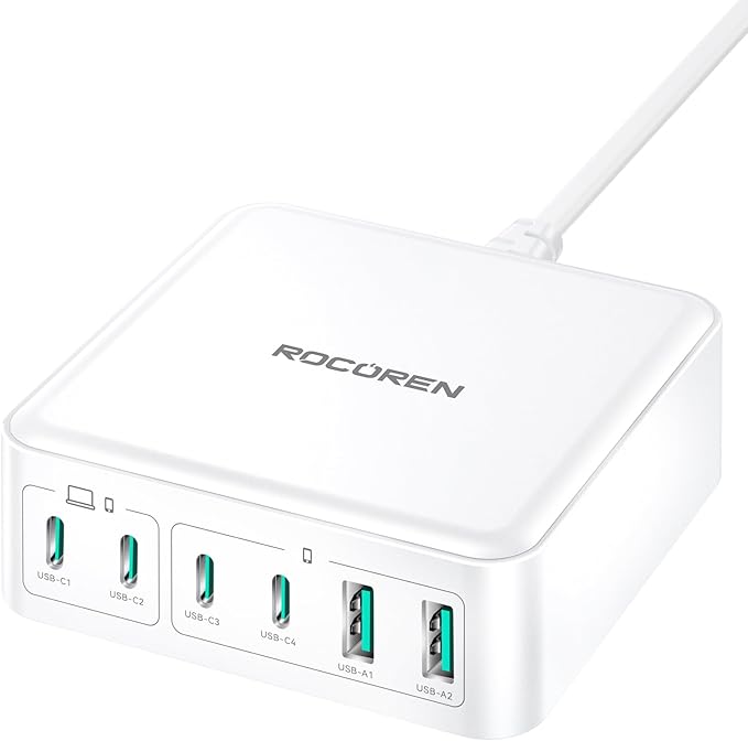 270W USB C Charger Block, Rocoren 6 Port Multi USB-C Charging Station,100W PD Fast USBC Gan Charger Station Hub Dock for Multiple Devices, Laptop Type C for MacBook/iPhone 17/iPad/Galaxy S25 (White)