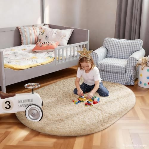 Ophanie 3x5 Oval Rug, Bedside Preppy Dorm Area Rug, College Essentials Non Slip Beige Small Carpets for Bedroom, Anti Slip Fluffy Living Room Rugs Home Decor Aesthetic with Over 99 pcs Pile fibers - Image 3