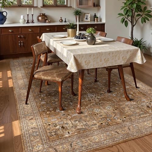 Washable Area Rug 8' x 10' Vintage Traditional Persian Mat - Foldable Distressed Non-Slip Machine Washable Carpet for Living Room Bedroom Kitchen Home Decor - Bronze and Ivory - Image 3
