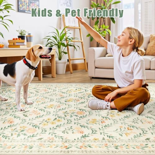 PLHXFR Round Area Rug Living Room: 8 ft Floral Washable Carpet Beige Multi - Image 6