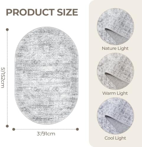 3x5 Oval Rug for Bedroom,Washable Area Rug,Grey - Image 2