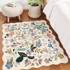Floral Square Area Rugs for Family: Washable 5x5 Scalloped Carpet for Living Room Bedroom Soft Water Resistant Floor Mat with Non Slip Backing for Kitchen Nursery Dorms Farmhouse Home Decor(5x5,Cream) - Image 2
