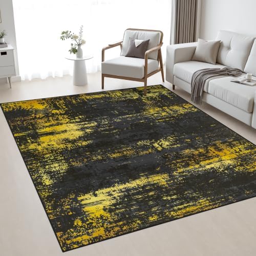 Area Rug Living Room: 5x5 Modern Washable Soft Carpet Black Gold by FXRHLP