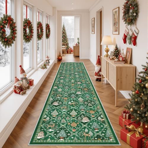 Madane Christmas Runner Rugs for Hallway 2x10, Green Washable Kitchen Rug - Image 4
