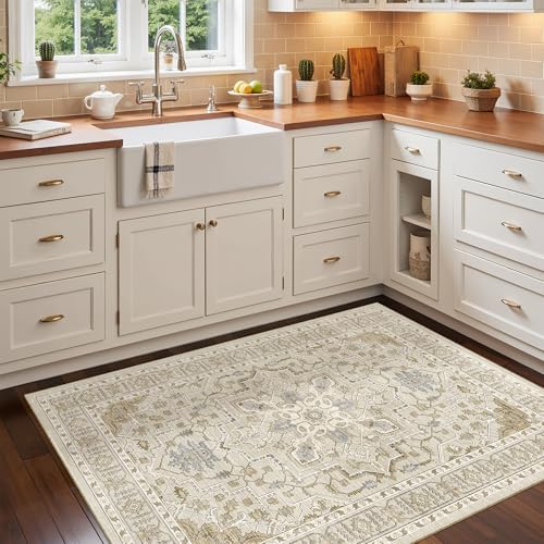 Madane Washable Entry Rug 3x4 Area Rugs for Entryway Kitchen, Beige/Blue - Image 4