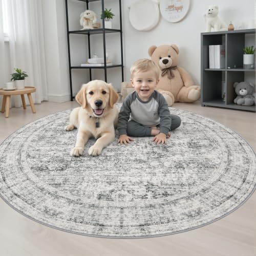 Round Area Rug Living Room: 5 ft Modern Washable Indoor Carpet - Image 3