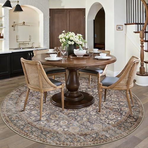 HUGEAR 4ft Round Brown Blue Vintage Floral Washable Rug for Living Room - Image 3