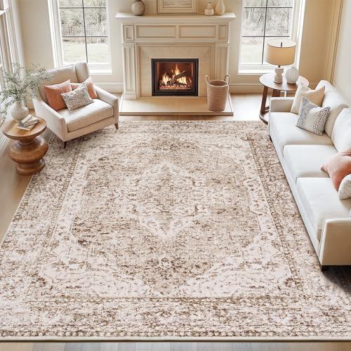 Lofus 9x12 Area Rugs for Living Room, Washable Area Rug, Big Rugs for Bedroom, Kitchen, Vintage Boho Carpet, Soft Non-Slip, Low Pile Large Area Rug for Office Dining Room, Vintage Beige Brown by Lofus