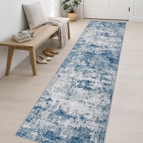 2.6x14 Washable Runner Rug:Modern Abstract Indoor Soft Carpet Blue - Image 3