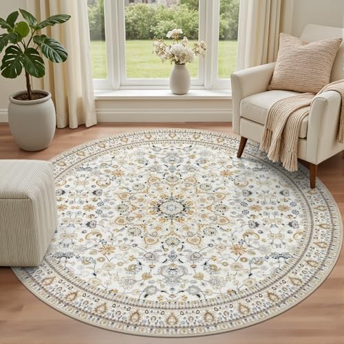 Round Area Rug for Living Room: 4ft Washable Rug for Bedroom Beige - Image 2