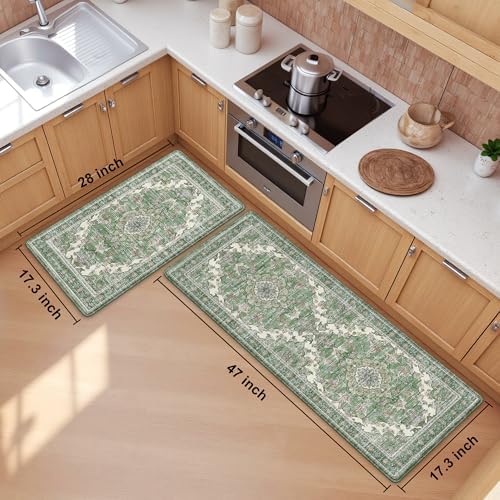 Boho Kitchen Mats for Floor 2PC Anti Fatigue Kitchen Rugs, Spring Green - Image 2