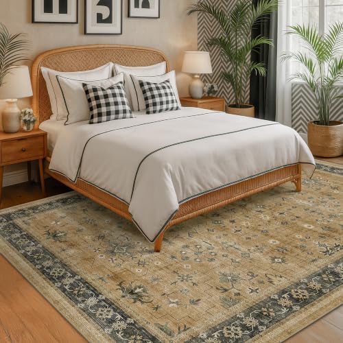 Rustic Brown and Charcoal Olive 7x9 Area Rug for Living Room, Washable Bedroom Carpet, Oriental Large Area Rug for Dining Room Under Table, Non-Slip Stain Resistant - Image 3