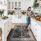 4x6 Kitchen Rug Non-Slip Washable – Boho Vintage Low-Pile Soft Area Carpet for Entryway, Bedroom, Living Room – Stain-Resistant Thin Indoor Rug for Families and Pet Owners (Black, 4x6) - Image 3