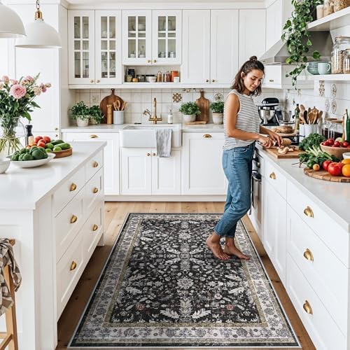 4x6 Kitchen Rug Non-Slip Washable – Boho Vintage Low-Pile Soft Area Carpet for Entryway, Bedroom, Living Room – Stain-Resistant Thin Indoor Rug for Families and Pet Owners (Black, 4x6) - Image 3