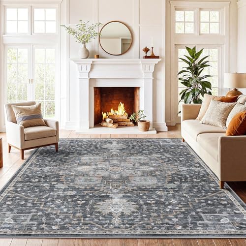 Amada 6x9 Washable Area Rug for Dining Room, Gray/Gold, Vintage Pattern by AMADAHOMEFURNISHING