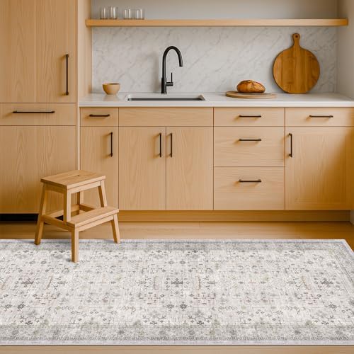 Hazo Haus Washable Neutral 2x6 Bathroom Runner Rug, Vintage Kitchen Floor Mat for Indoor Entrance and Bedroom, Light Gray & Sage Geometric Runner Rug Decor, Low Pile Stain Resistant - Image 3