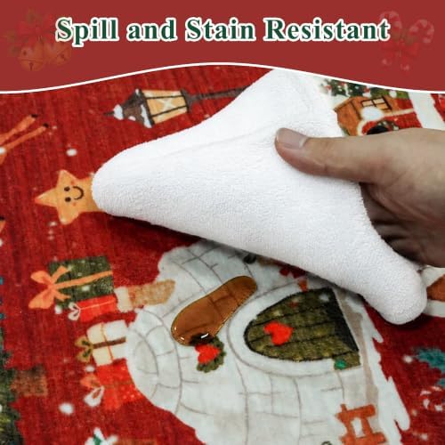 Red 2x6 Kitchen Runner Rug: Non-Slip Printed Hallway Christmas Tree Rugs Washable Low Pile Water Resistant Entryway Bathroom Floor Carpet Soft Mat for Bedroom Bathroom Distressed Beside Rug（2x6，Red） - Image 3