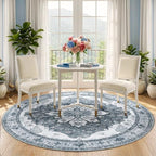 RELEANY Washable Area Rug, Round 5ft, Grey/White/Beige - Image 3