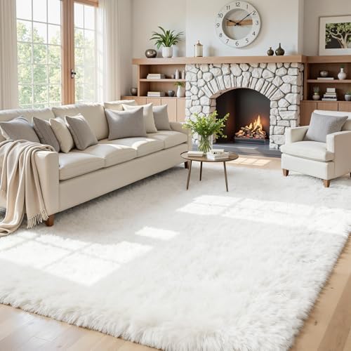 5x8 Fluffy Shag Area Rugs for Living Room Bedroom: Soft Plush Carpet White by CarpetAddColortoYourLife
