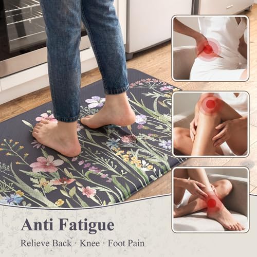 KIMODE Anti Fatigue Kitchen Mat, Farmhouse Floral Kitchen Rugs Grey Purple - Image 2
