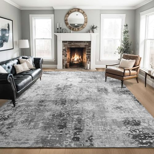 Living Room Rug 8x10 Gray Area Rugs Machine Washable Abstract Boho Large Rug Non-Slip Non-Shedding Faux Wool Indoor Vintage Carpet for Bedroom, Classroom, Dining Room, Kids Playroom by OmpaaHomeDecor