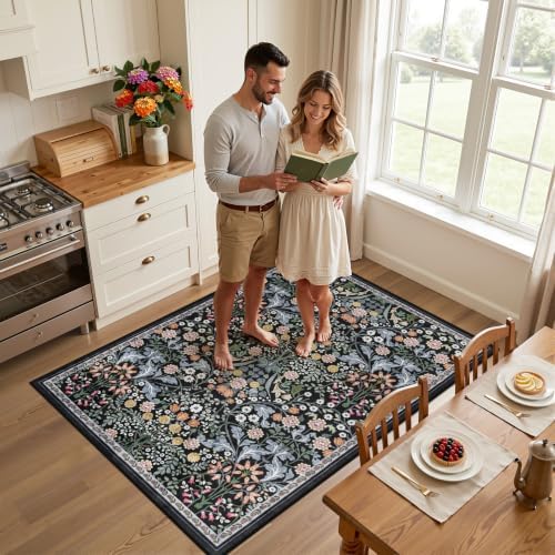 PLHXFR Area Rug Living Room: 3x5 Floral Washable Boho Carpet Dark Black - Image 3