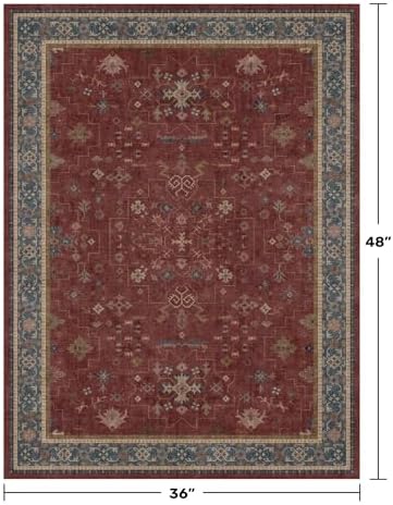 Washable 3x4 Rugs for Entryway - Burgundy Large Kitchen Rug, Non Slip Inside Door Mats for Home Entrance, Unique Bohemian Red Low Pile Thin Carpet for Bedroom Bedside, Foyer - Image 2