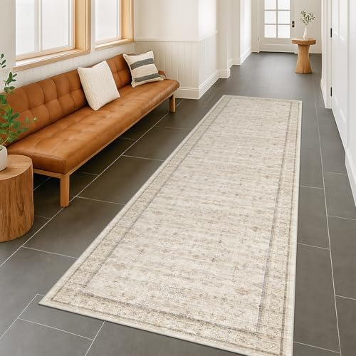Washable 2x8 Runner Rugs for Hallway Non Slip, Stain Resistant Farmhouse Kitchen Rugs, Geometric Floral Indoor Floor Mats for Entryway, Vintage Beige Home Décor, Low Pile & Soft Carpet by HazoHaus