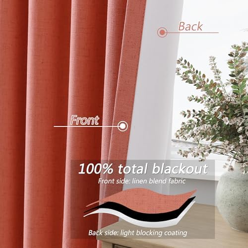 Guken Extra Long 100% Blackout Linen Curtains 108 Inches for Bedroom Coral - Image 4