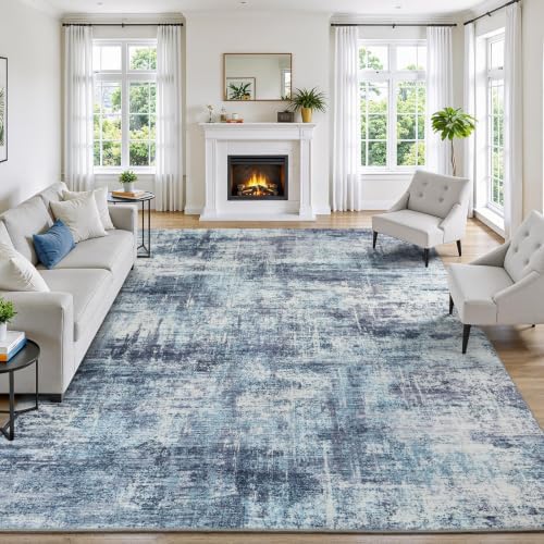 8x10 Area Rug for Living Room, Abstract Washable Non-Slip Large Rugs, Blue by Lofus