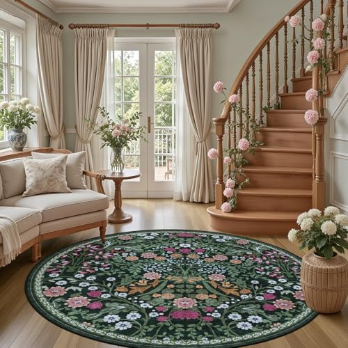 PLHXFR Round Area Rug Living Room: 6 ft Floral Washable Carpet Dark Green - Image 2