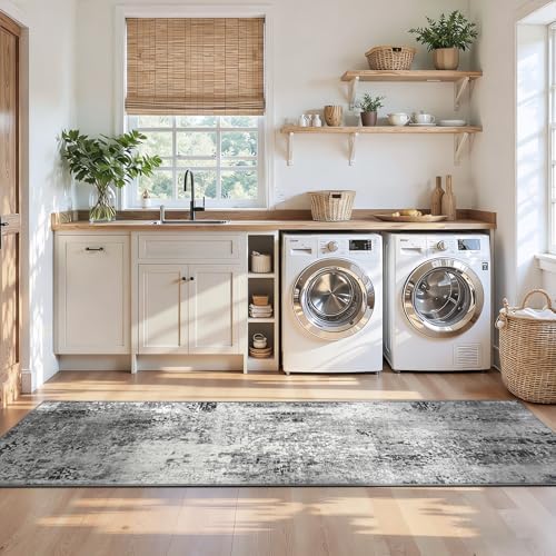 2x12 Grey Rug Runners for Hallways Kitchen Runner Rug Non Slip Washable Black Long Runner Rugs with Rubber Backing Soft Abstract Carpet Runner for Bedroom, Kitchen, Bathroom, Entryway - Image 4