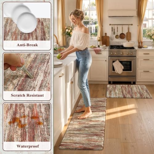 KIMODE Anti Fatigue Kitchen Mats for Floor 2 Piece,Red Brown Farmhouse Rugs - Image 6