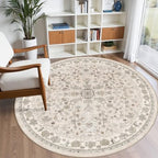 Round Kitchen Rugs 6ft Washable: Non-Slip Soft Low Pile Circle Area Rug for Under Table Living Room Dining Room Bedroom – Boho Floral Circular Floor Indoor Carpet (Beige,6x6) - Image 3