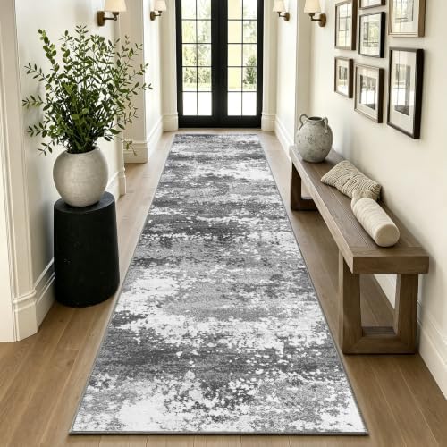 14 FT Extra Long Runner Rug for Hallway Washable, 2.6x14 Large Kitchen Floor Runners Non Slip, Entryway Runner Carpet Low Pile Stain & Fade Resistant, Abstract Gray by Acapet