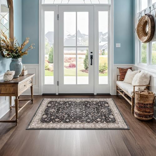 Black Boho Washable Entry Rug, 3x4 Rugs for Entryway Kitchen Bathroom Door Mat Indoor Entrance, Non Slip Rubber Backing, Stain & Fade Resistant, Ashen Charcoal Floral Design by HazoHaus