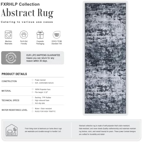 2.6x14 Washable Runner Rug:Modern Abstract Indoor Carpet Black - Image 2