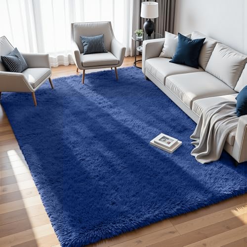 5x7 Fluffy Shag Area Rugs for Living Room Bedroom: Soft Plush Carpet Blue - Image 4