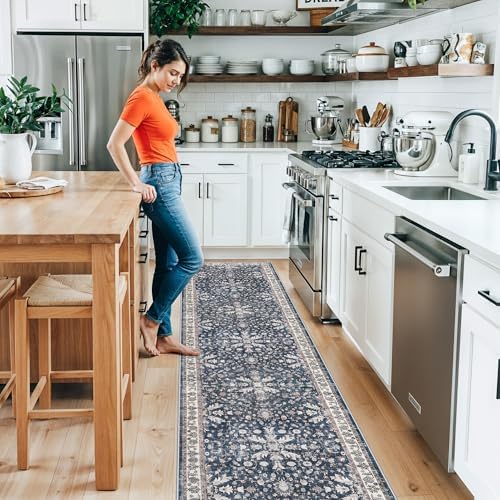 Washable Hallway Runner Rug 2x10: Non Slip Vintage Boho Carpet with Rubber Backing for Kitchen Entryway Hall Holiday Farmhouse Neutral Cream Long Runners (Blue,2'x10') - Image 3