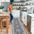 Washable Hallway Runner Rug 2x10: Non Slip Vintage Boho Carpet with Rubber Backing for Kitchen Entryway Hall Holiday Farmhouse Neutral Cream Long Runners (Blue,2'x10') - Image 3