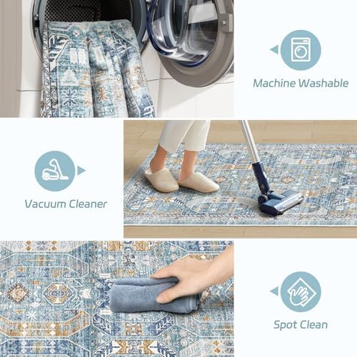 Madane Washable Runner Rugs 2x12 Long for Hallway Kitchen Soft, Blue/Gold - Image 5