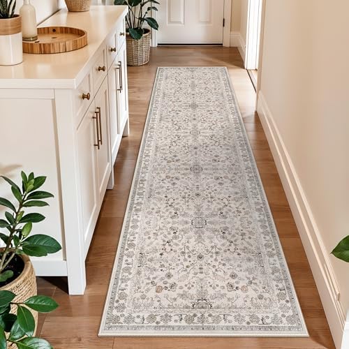 2x8ft Kitchen Runners Rugs Non Skid Washable – Boho Floral Stain-Resistant Low-Pile Carpet Runner for Hallway, Bathroom, Bedroom, Entryway (Beige, 2x8) by BYYVOORugsforYourHome