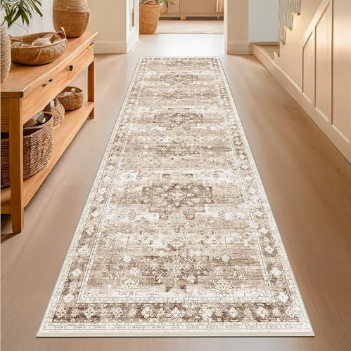 Hazo Haus Beige Washable 2'6"x8' Wide Hallway Runners, Kitchen Runner Rug, Non-Slip & Stain Resistant Long Floor Rug, Neutral Boho Floral Decor (2'6"x8' Beige/Latte) by HazoHaus