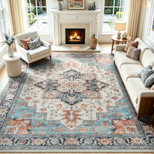 Lofus Washable Rugs 8x10, Blue and Orange Vintage Carpet for Living Room by Lofus