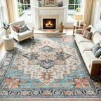Lofus Washable Rugs 8x10, Blue and Orange Vintage Carpet for Living Room by Lofus